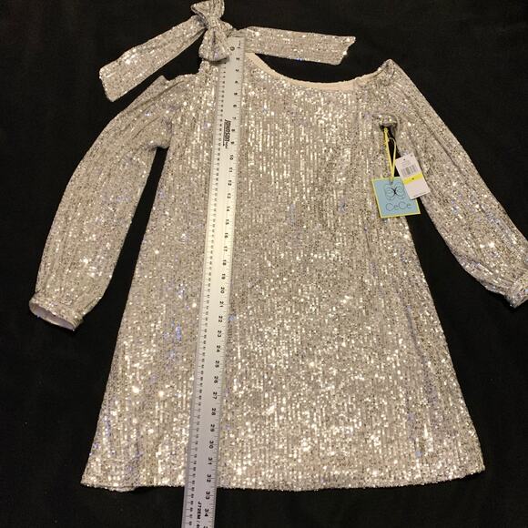 CeCe Womens Dress Medium NWT Bow Shoulder Long Sleeve Sequin Champagne Cocktail - Picture 9 of 13